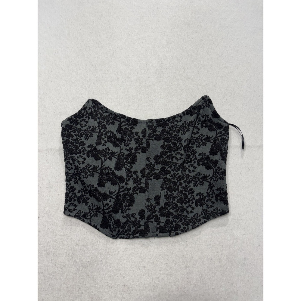 By Anthropologie Corset Top Womens XS Black Floral Brocade Zip Back Strapless